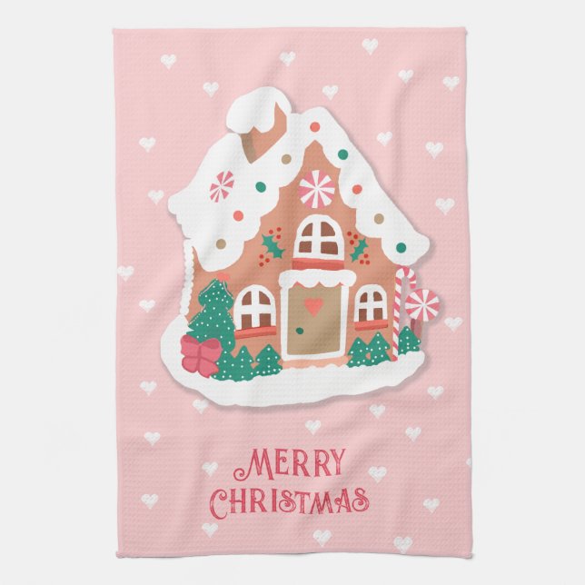 Merry Christmas Cute Pink Snowy Gingerbread House Kitchen Towel (Vertical)