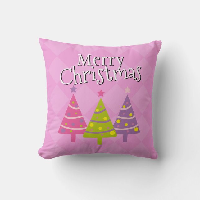 Merry Christmas Cute Pink Trees Throw Pillow (Front)