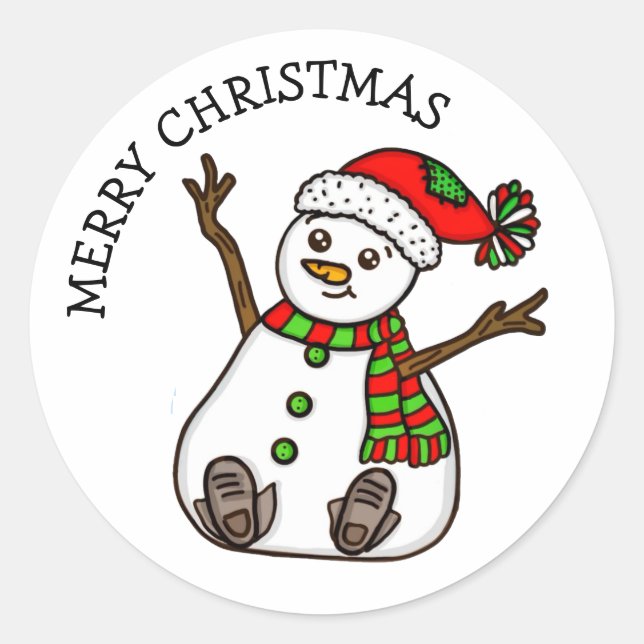 Merry Christmas Cute Plump Snowman  Classic Round Sticker (Front)