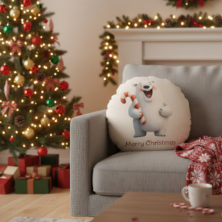 Merry Christmas Cute Polar Bear Design Round Pillow