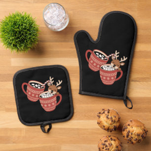 Merry Christmas Cute Reindeer Family Xmas Coffee Oven Mitt & Pot Holder Set