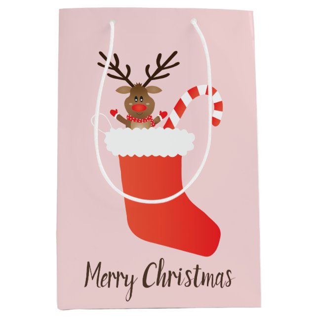 Merry Christmas Cute Reindeer In Stocking Red Medium Gift Bag (Front)