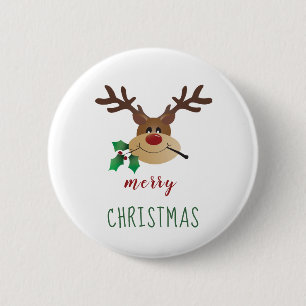 Merry Christmas Cute Reindeer Mistletoe Red Green 2 Inch Round Button