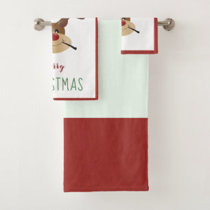 Merry Christmas Cute Reindeer Mistletoe Red Green Bath Towel Set