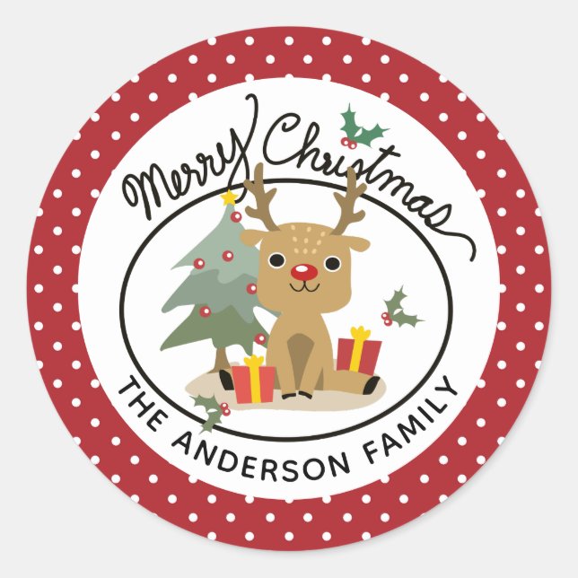 Merry Christmas Cute Reindeer Personalized Name Classic Round Sticker (Front)