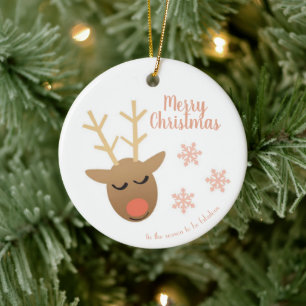 Merry Christmas Cute Reindeer Pink Gold Ceramic Ornament