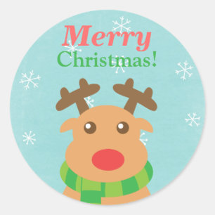 Merry Christmas - Cute Reindeer with Red Nose Classic Round Sticker