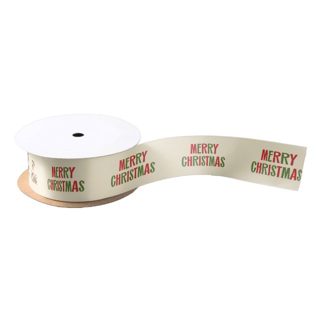 Merry Christmas Cute Retro 1950s Red Green Cream Satin Ribbon (Spool)