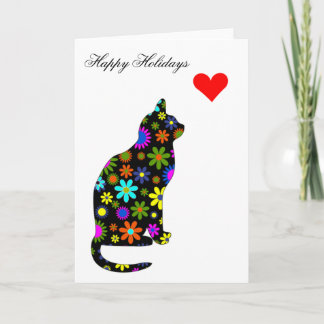 Merry Christmas Cute Retro Girly Heart Floral Cat Holiday Card