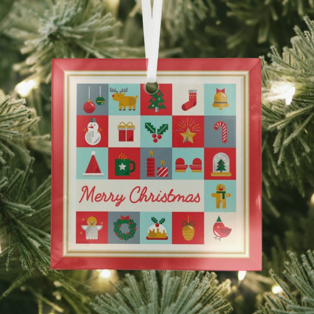 Merry Christmas Cute Retro Winter Christmas Icons Glass Ornament (Insitu)