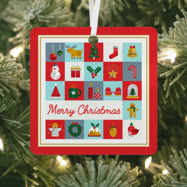Merry Christmas Cute Retro Winter Christmas Icons Metal Ornament (Insitu)