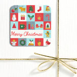 Merry Christmas Cute Retro Winter Christmas Icons Square Sticker<br><div class="desc">Merry Christmas Cute Retro Winter Christmas Icons Christmas Stickers features the text "Merry Christmas" in modern red script typography accented with Christmas icons such as reindeer,  tree,  stocking,  bell,  snowman,  gift,  wreath,  holly,  star,  candy cane,  gingerbread,  angel and more. Designed by Evco Holidays www.zazzzle.com/store/evcoholidays</div>