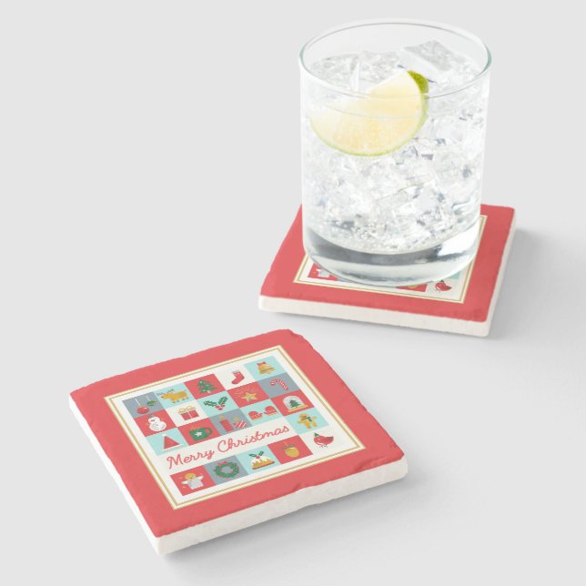 Merry Christmas Cute Retro Winter Christmas Icons Stone Coaster (Side)