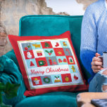 Merry Christmas Cute Retro Winter Christmas Icons Throw Pillow<br><div class="desc">Merry Christmas Cute Retro Winter Christmas Icons Christmas Throw Pillows Cushions features the text "Merry Christmas" in modern red script typography accented with Christmas icons such as reindeer,  tree,  stocking,  bell,  snowman,  gift,  wreath,  holly,  star,  candy cane,  gingerbread,  angel and more. Designed by Evco Holidays www.zazzzle.com/store/evcoholidays</div>