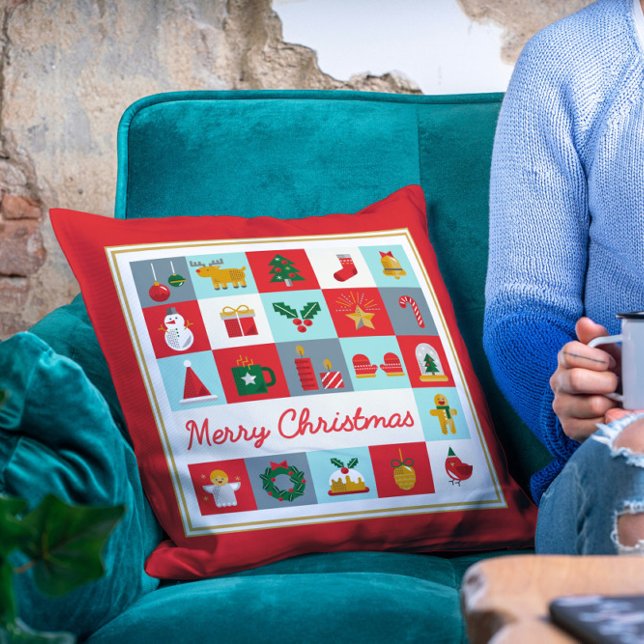 Merry Christmas Cute Retro Winter Christmas Icons Throw Pillow (Creator Uploaded)