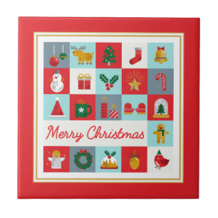 Merry Christmas Cute Retro Winter Christmas Icons Tile