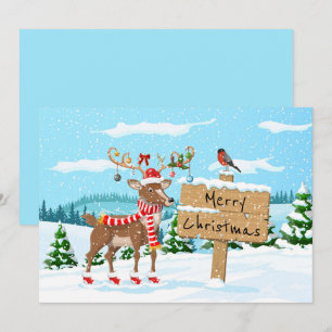 Merry Christmas Cute Rudolph and Bird Holiday Card
