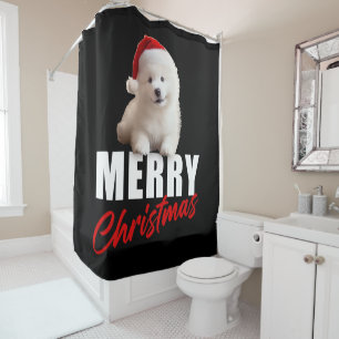 Merry Christmas Cute Samoyed Puppy with Santa Hat 