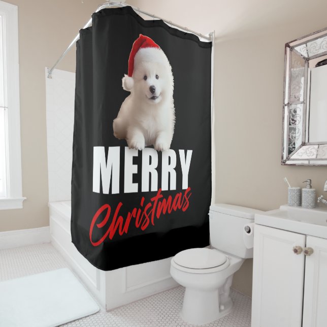 Merry Christmas Cute Samoyed Puppy with Santa Hat  (In Situ)