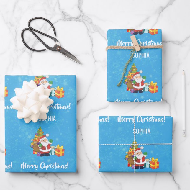 Merry Christmas Cute Santa Personalize Name Blue Wrapping Paper Sheet (Front)