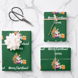 Merry Christmas Cute Santa Personalize Name Green Wrapping Paper Sheet