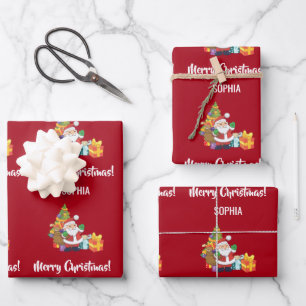 Merry Christmas Cute Santa Personalize Name Red Wrapping Paper Sheet