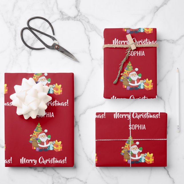 Merry Christmas Cute Santa Personalize Name Red Wrapping Paper Sheet (Front)