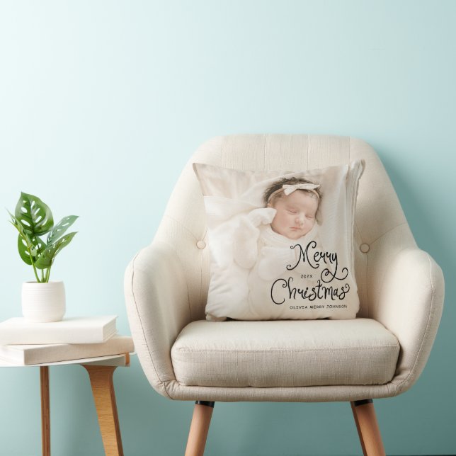 Merry Christmas Cute script Baby Photo Throw Pillow (Chair)