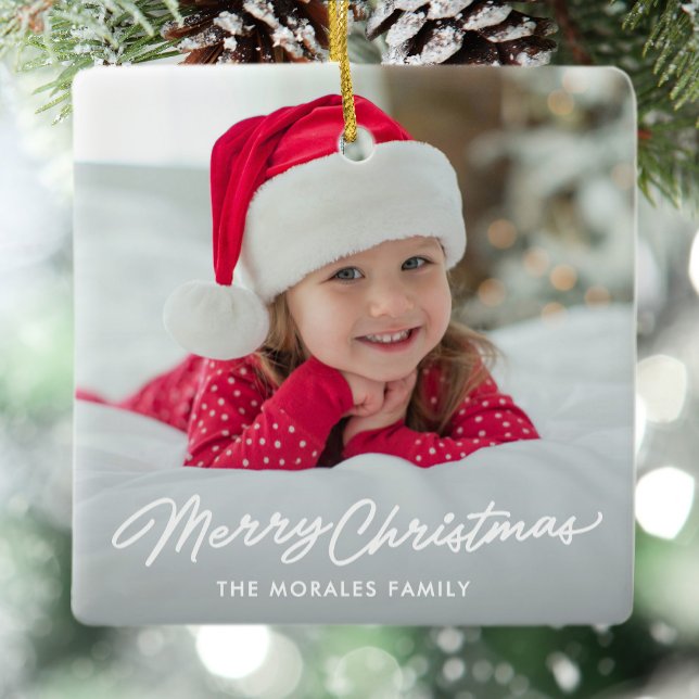 Merry Christmas cute simple one photo Ceramic Ornament (Creator Uploaded)