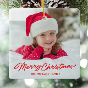 Merry Christmas cute simple red one photo holiday Ceramic Ornament