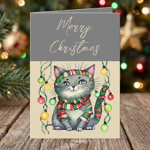 Merry Christmas cute smiling cat baubles grey Holiday Card