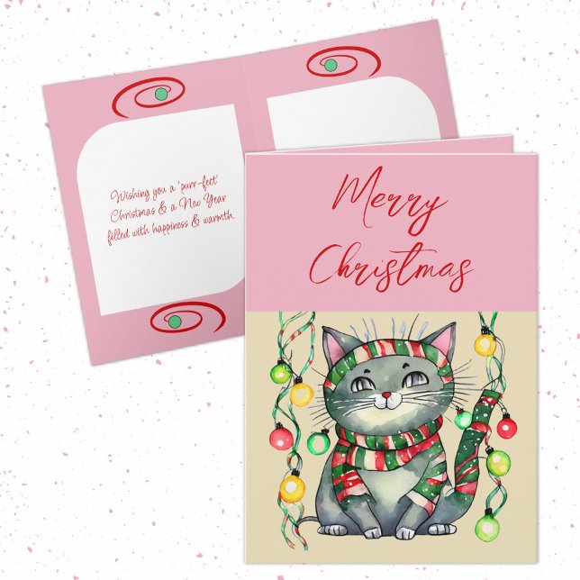 Merry Christmas cute smiling cat baubles pink Holiday Card (Creator Uploaded)