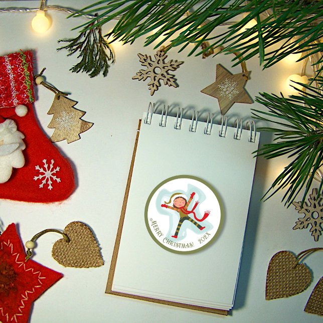 Merry Christmas Cute Snow Angel Classic Round Sticker (Creator Uploaded)