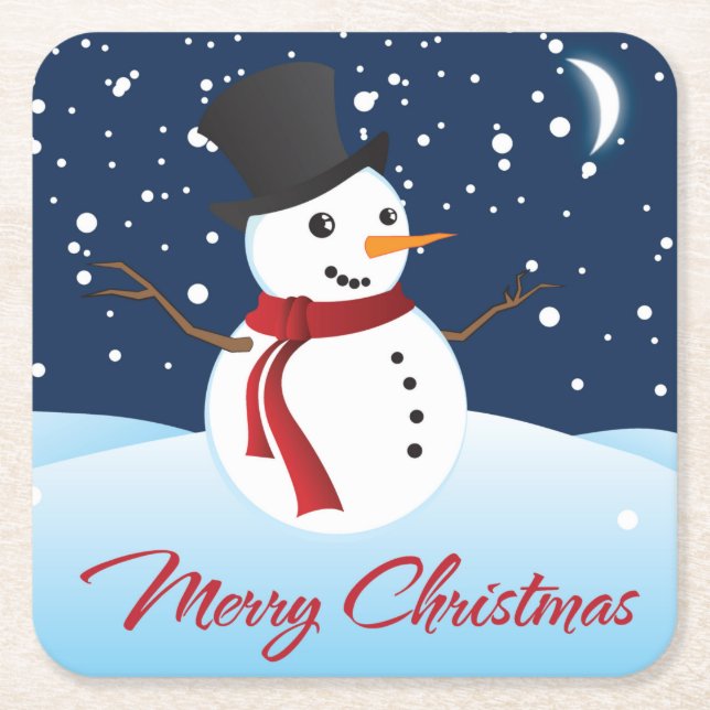 Merry Christmas Cute Snow Man Square Paper Coaster (Front)
