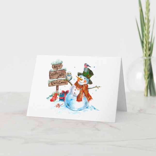 Merry Christmas Cute Snowman and Birds  Card (Front)