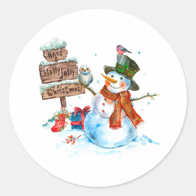 Merry Christmas Cute Snowman and Birds  Classic Round Sticker (Front)