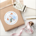 Merry Christmas Cute Snowman Cartwheel from Name Classic Round Sticker<br><div class="desc">Merry Christmas Cute Snowman doing Cartwheel from Name. A fun festive pattern with curved text for your greeting above and your names curved below.</div>