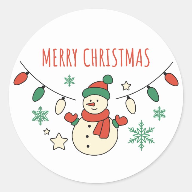 Merry Christmas, Cute Snowman, Christmas Lights Classic Round Sticker (Front)