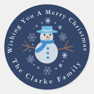 Merry Christmas Cute Snowman custom Family name Classic Round Sticker