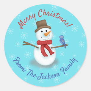 Merry Christmas cute snowman custom text Classic Round Sticker