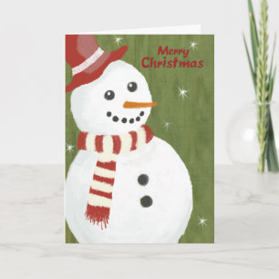 Merry Christmas Cute Snowman in Red Hat and Scarf Holiday Card