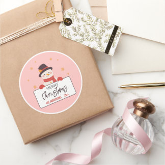 Merry Christmas Cute Snowman pink festive modern Classic Round Sticker