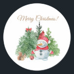 Merry Christmas Cute Snowman, Squirrel, Cardinal  Classic Round Sticker<br><div class="desc">Merry Christmas!</div>