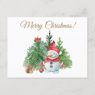 Merry Christmas Cute Snowman, Squirrel, Cardinal Holiday Postcard