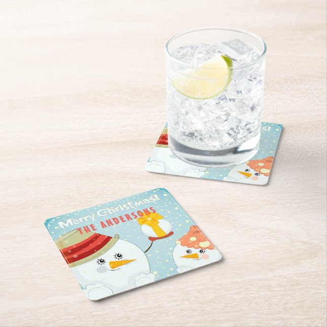 Merry Christmas Cute Snowman Winter Holidays Name Square Paper Coaster (Insitu)