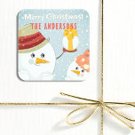 Merry Christmas Cute Snowman Winter Holidays Name Square Sticker<br><div class="desc">Retro Merry Christmas Cute Snowman Winter Holidays Name Sticker features cute snowmen with the text "Merry Christmas (name)" in modern script. Personalize by editing the text in the text box provided. Designed by ©Evco Studio www.zazzle.com/store/evcostudio</div>