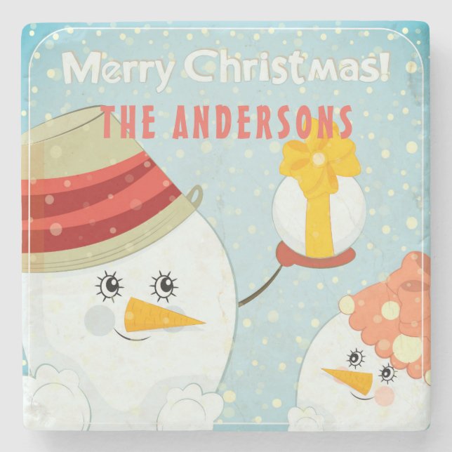 Merry Christmas Cute Snowman Winter Holidays Name Stone Coaster (Front)