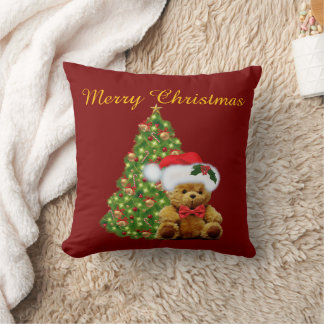 Merry Christmas Cute Teddy Bear Throw Pillow