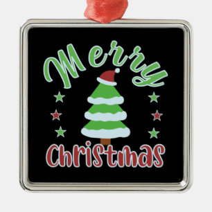 Merry Christmas, cute tree with Santa hat Metal Ornament