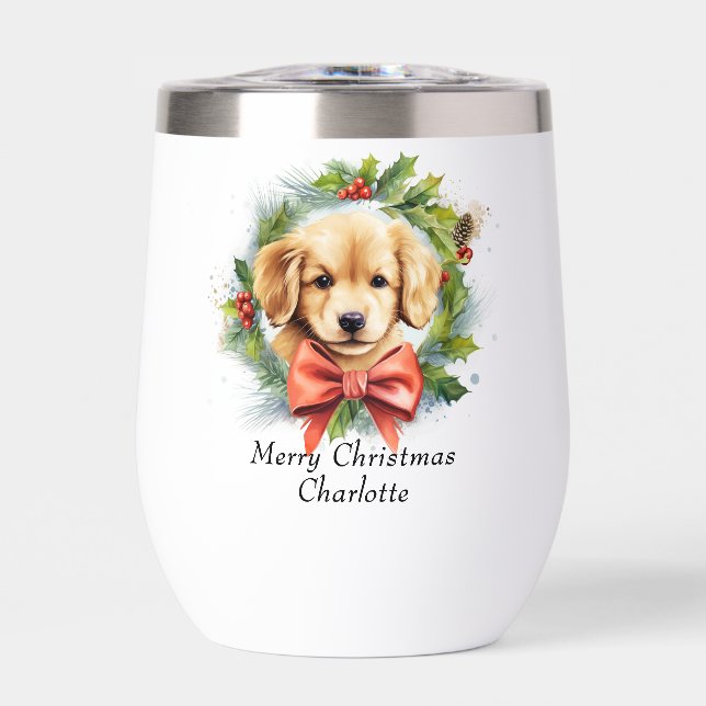 Merry Christmas Cute Watercolor Puppy Dog Name (Front)